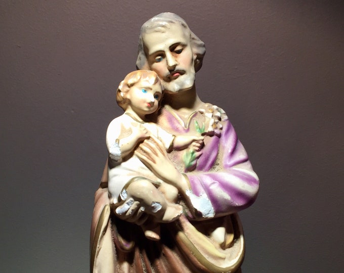 Rare Antique Italian Religious Statue of Saint Joseph Holding Jesus in His Arms, Italian