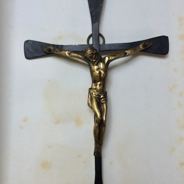 Beautiful antique gold color crucifix from France , antique cross with a bronze Corpus Christi