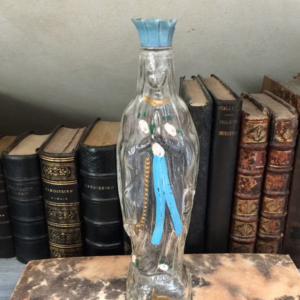 Vintage glass bottle from the sanctuary of Lourdes made in France in the 1950's, pilgrimage souvenir from Lourdes  RefA6