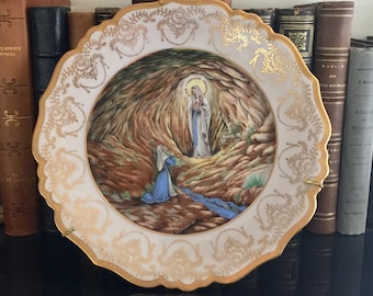 Vintage decorative Limoges porcelain plate from Lourdes France, souvenir plate on a stand, RefA1