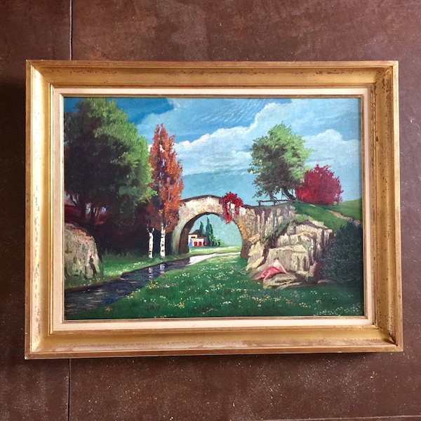 Large antique oil painting on canevas in a gilded frame, "Bridge on a River" French countryside painting 1950's France 2.4ft