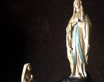 Charming antique polychrome plaster statue from Lourdes  made in France, Bernadette Soubirous & the Immaculate Conception RefA2