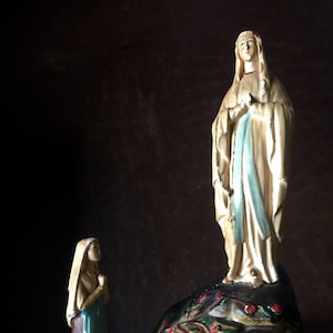 Charming antique polychrome plaster statue from Lourdes  made in France, Bernadette Soubirous & the Immaculate Conception RefA2