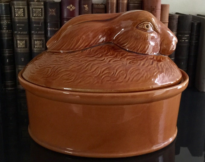 Very Large Vintage Glazed Ceramic Rabbit Tureen From France, Brown