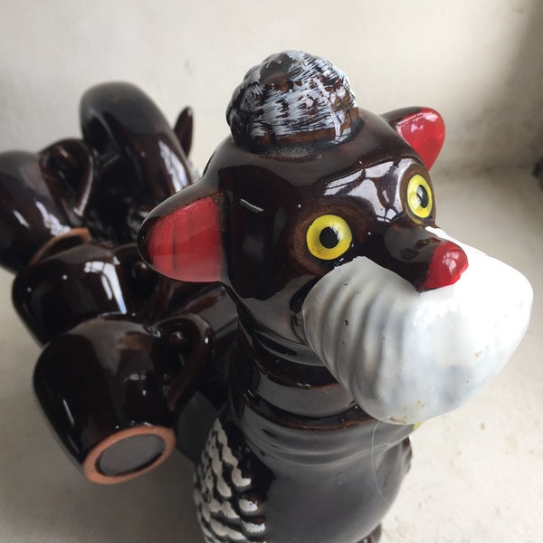 Charming antique liquor set from France, 1950's brown poodle handmade enameled ceramic set with bottle and cups, Refa6