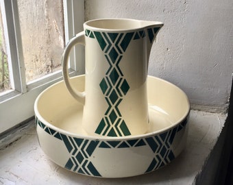 Encantador conjunto de lavabo y jarra Art Decó antiguo en blanco y verde de la colección Java de Moulin des Loups Hamage, conjunto de baño de los años 20, Francia RefW1
