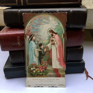 Image pieuse antique rare de France, carte de communion de garçon peinte à la main de 1939