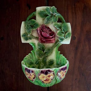 Rare antique enameled ceramic Sarreguemines water font decorated with flowers, barbotine majolica religious item made in France around 1920