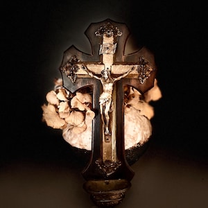 Beautiful antique wooden baroque crucifix from France, brown cross with a silver Corpus Christi & water font made in France in the 1800's A8