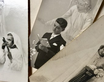 Seltene antike fromme Bilder aus Frankreich, ein Satz von 3 Kommunionfotos, die in den 1940er Jahren veröffentlicht wurden