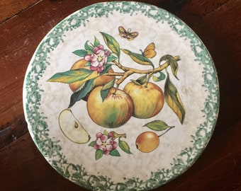 Charming vintage platter from Italy, large HIMARK trivet in ceramic with apple decor, 33 cm diameter, refW1