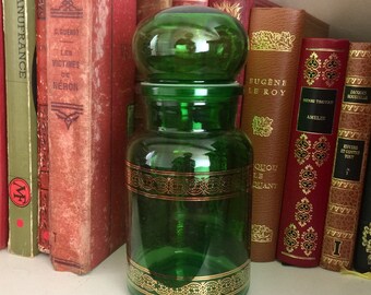 Vintage green color glass container from the 1970's, green and gold lidded apothecary jar from Belgium, RefA7