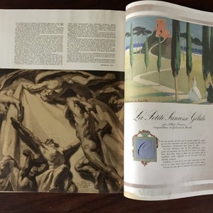 May include: A vintage magazine page with a black and white illustration of a group of figures in a dramatic pose. The opposite page features a colorful illustration of a path leading to a castle with a woman in a white dress walking towards it. The text on the page reads "La Petite Princesse Gel&eacute;e".