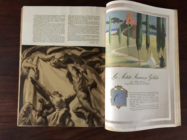 May include: A vintage magazine page with a black and white illustration of a group of figures in a dramatic pose. The opposite page features a colorful illustration of a path leading to a castle with a woman in a white dress walking towards it. The text on the page reads "La Petite Princesse Gel&eacute;e".