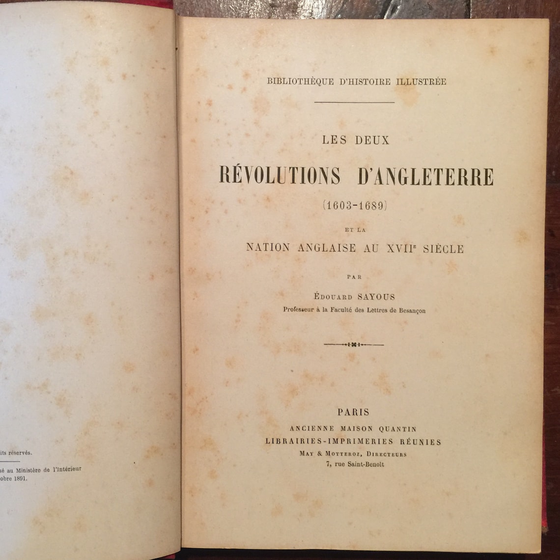 Antique history book in French 1891 "Les Deux Révolutions d'Angleterre 1603-1689 et La Nation Anglaise au XVIIe Siècle" by Edouard Sayous, foto 3 de 5