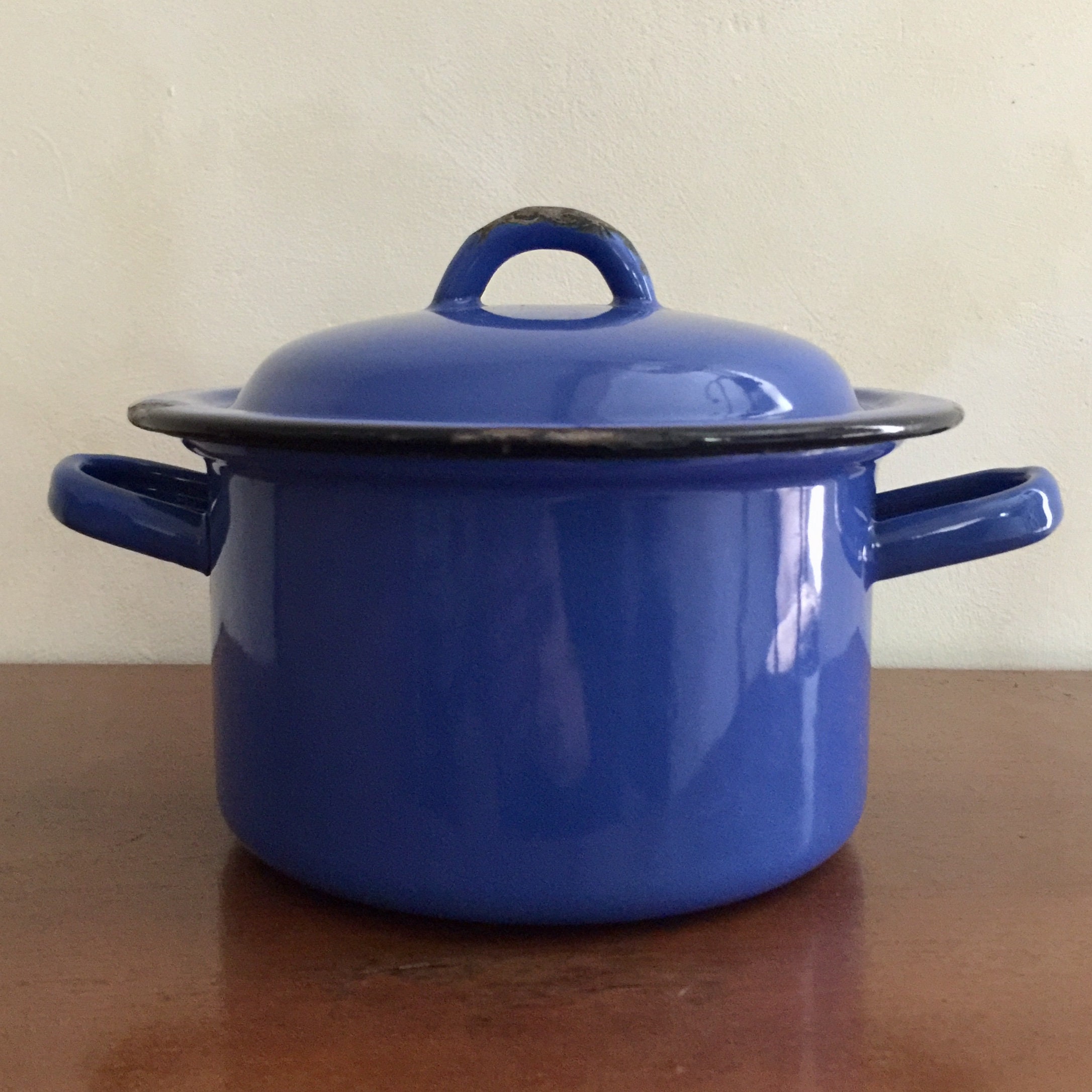 Pot de Cuisson à Couvercle Émaillé Bleu Antique France, Petit Pot en Étain Français Des Années 1940
