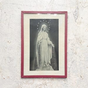 Rare antique pious image from France "Notre Dame de la Médaille Miraculeuse" (Our Lady of the Miraculous Medal) religious image under glass