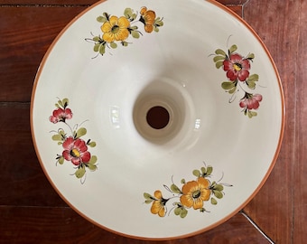 Charming vintage hand-painted floral ceramic pendant ceiling shade made in France in the 1980's, enameled ceramic light shade
