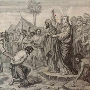 "Großer antiker Katechismus-Druck aus Frankreich, ""Moses bestraft einen Mann, der am Sonntag gearbeitet hat"", Illustration aus dem Jahr 1900 Ref35."