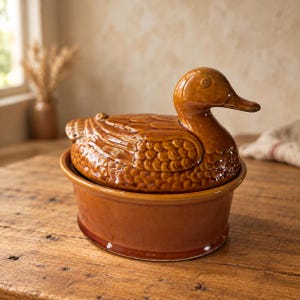 Op de afbeelding: Een glanzende bruine keramische schaal met deksel in de vorm van een eend. Het deksel heeft een gegoten verenpatroon en een eendenkop, rustend op een gladde, ovale basis. Het gehele object heeft een egale, warmbruine glazuurlaag.