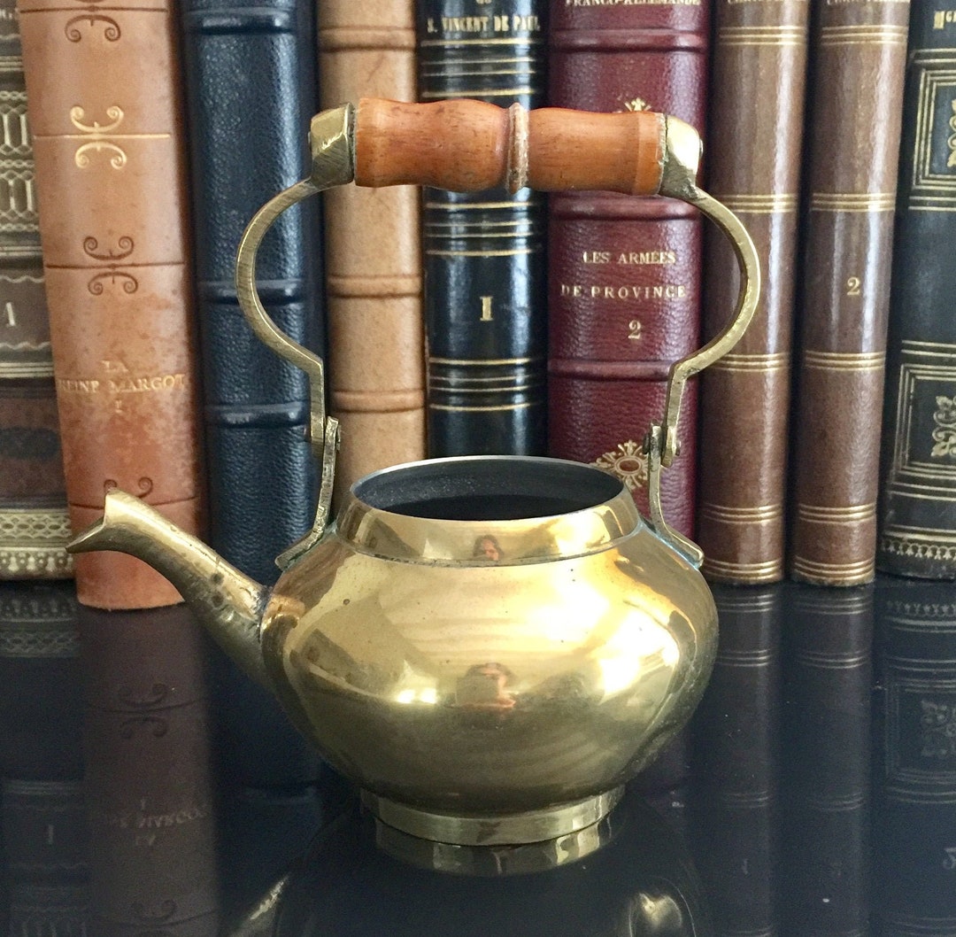 Charming Miniature Heavy Brass Kettle With a Wooden Handle From France