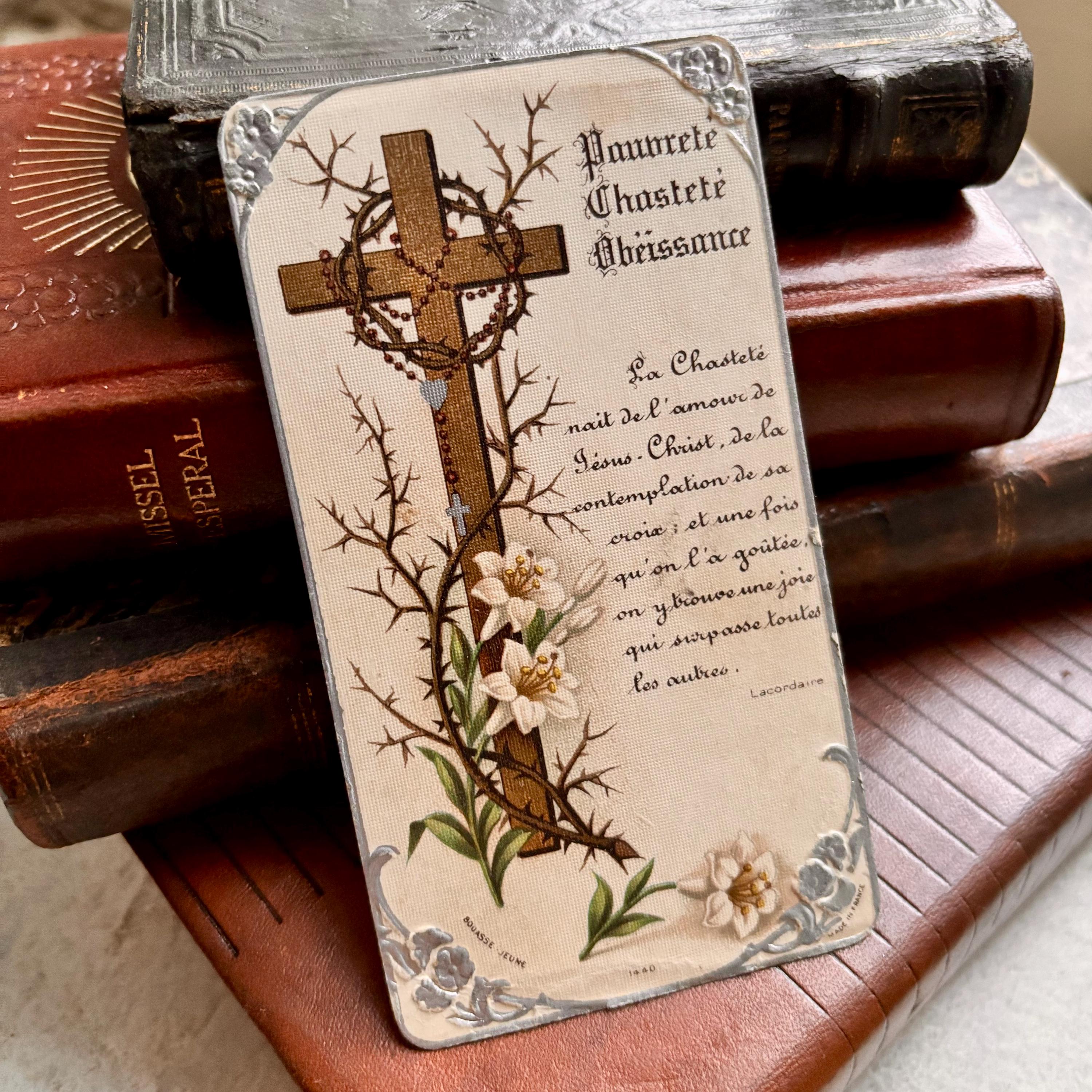 Rare antique pious image from France, "Pauvreté Chasteté Obéissance" (Poverty Chastity Obedience) published in the 1940's by Bouasse Jeune