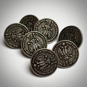 Set of 7 vintage metal buttons from the 1980's, Austrian Empire 1/4 Florin from the reign of Emperor Franz Joseph I