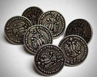 Set of 7 vintage metal buttons from the 1980's, Austrian Empire 1/4 Florin from the reign of Emperor Franz Joseph I