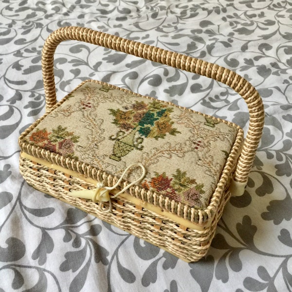 Charming vintage fabric and bamboo sewing basket made in Taiwan, storage box with a handle