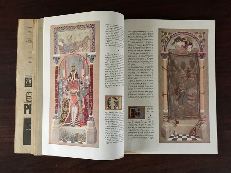 May include: An open book with two illustrations. The left page shows a king on a throne with a crown and a red robe. The right page shows a tapestry with a knight on a horse. The book is open to a page with text in French.