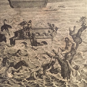 Grande gravure ancienne de catéchisme française, illustration « Le déluge » des années 1900 Ref43