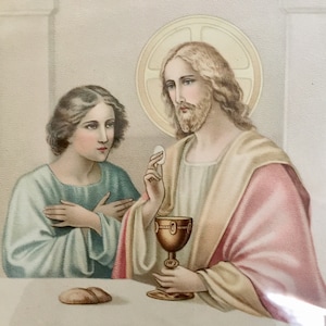 Encantadora imagen piadosa antigua en un marco de Francia de los años 20. Cuadro devoción Cristo y San Juan Bouasse Jeune Le Christ et Saint Jean RefA4