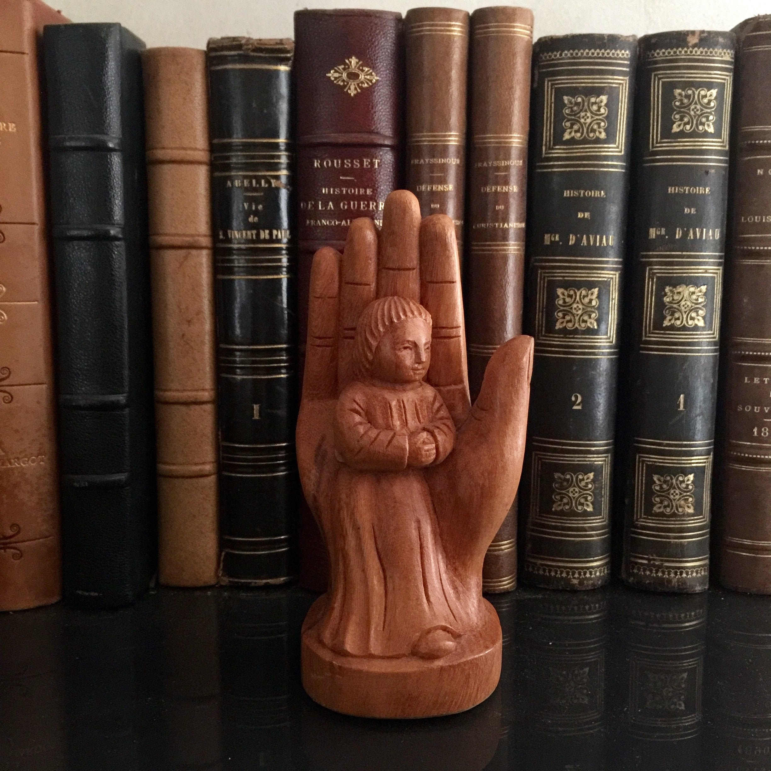 Charmante Statue en Bois Vintage de France, Enfant Priant à La Main, Des Années 1970, Refa2