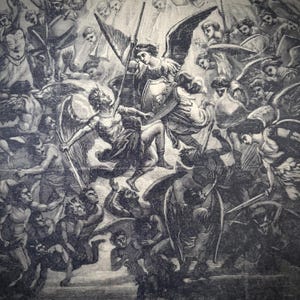 Stort antikt katekestryck från Frankrike, "QUIT UT DEUS Sankt Mikael som kämpar mot Lucifer", katolsk illustration från 1900-talet Ref59