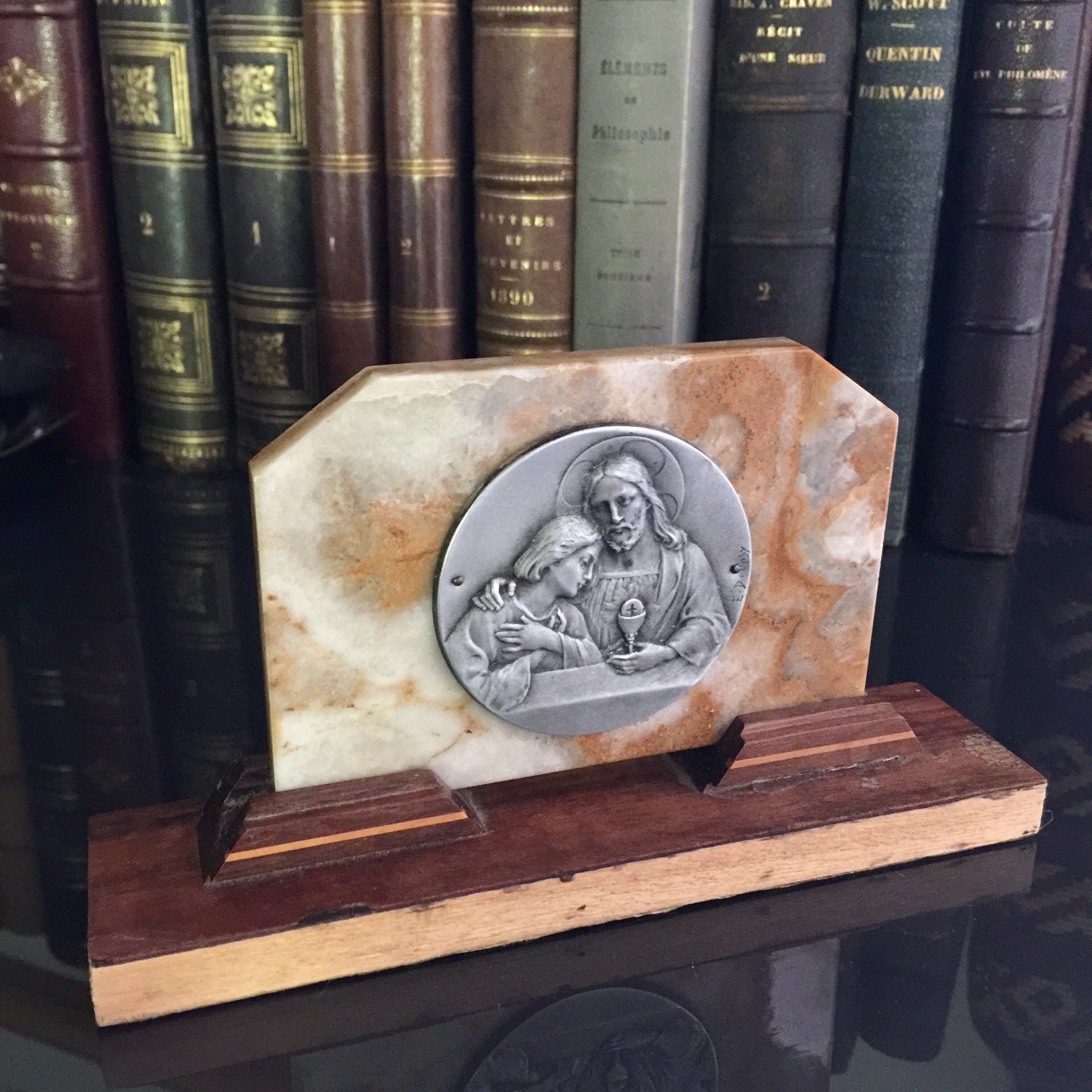 Belle Plaque de Dévotion Vintage Jésus sur Un Bloc d'onyx Fait à La Main en France Dans Les Années 1