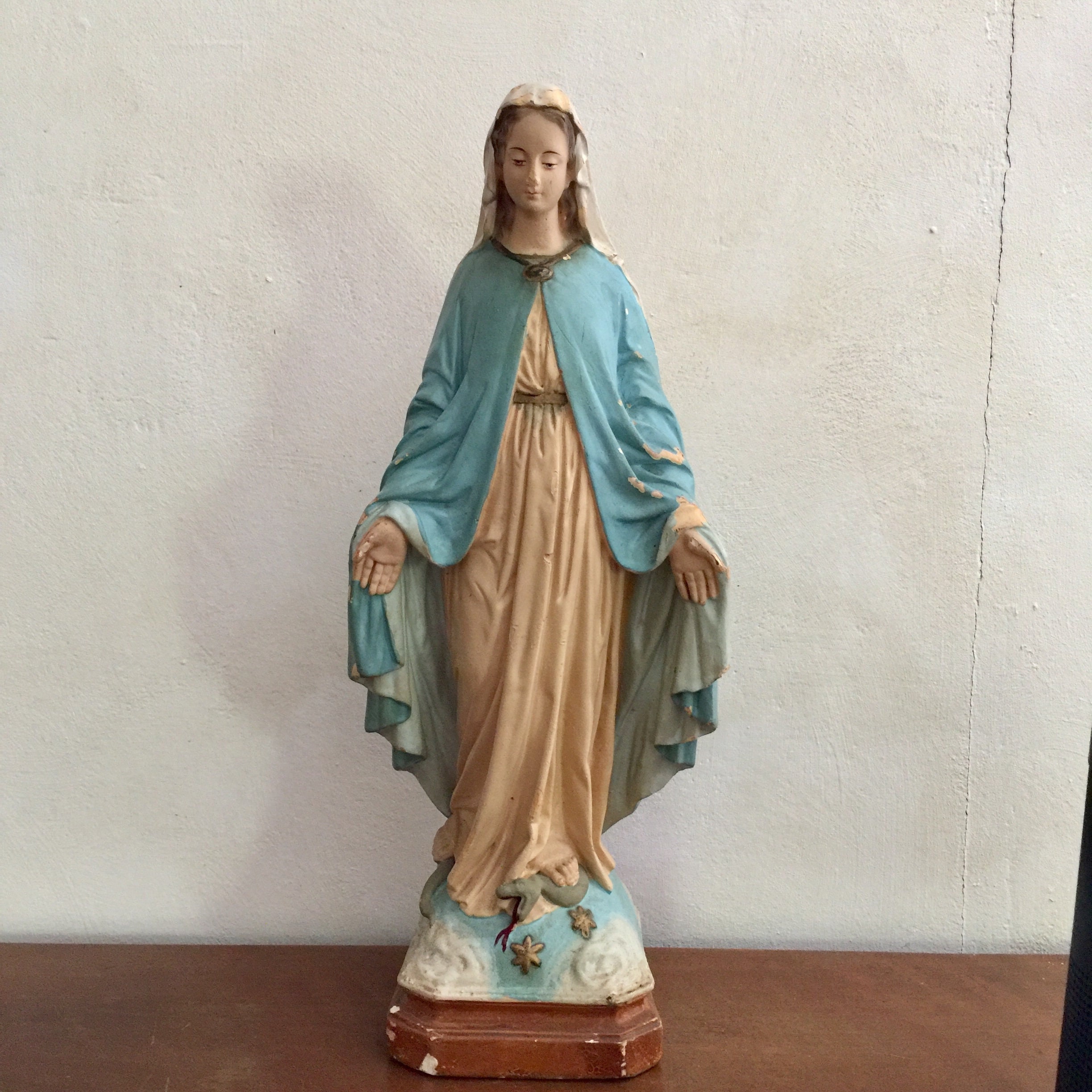 Antique religious statue of the Virgin Mary in a blue coat standing on the snake, devotion statue handmade in France 1900's RefA8