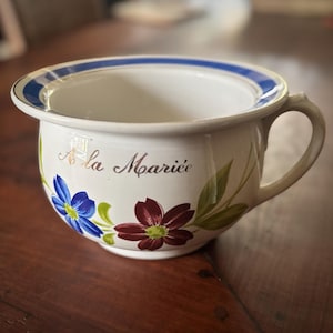Charmant pot de chambre décoratif ancien pour la mariée « A la Mariée » de Digoin Sarreguemines, fabriqué en France dans les années 30 RefW1