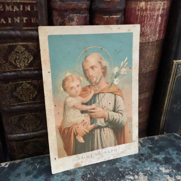 Small antique pious image from France,  portrait of Jesus with Saint Joseph 1900's