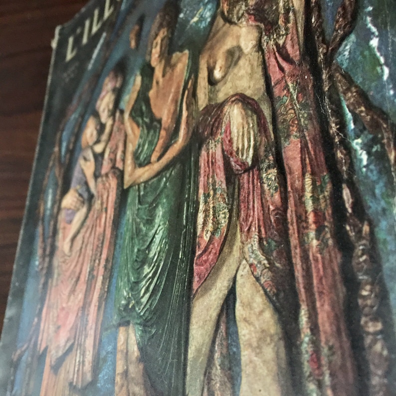 May include: A vintage illustration of four figures in a procession. The figures are depicted in a relief style, with the central figure wearing a long, flowing robe with intricate patterns. The figures are set against a dark blue background with hints of gold.