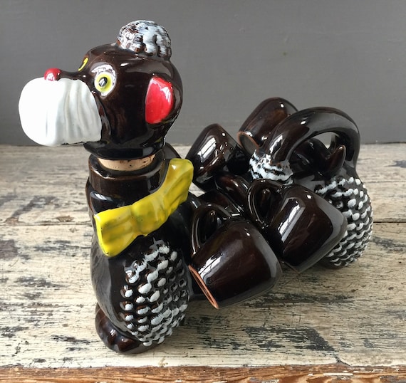 Charming Antique Liquor Set From France, 1950's Brown Poodle