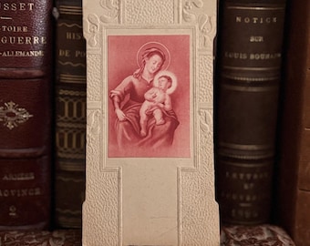 Rara imagen piadosa antigua de Francia, imagen Art Decó de la Virgen María y Jesús de la década de 1920.