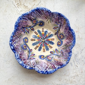 Charming flower shaped vintage enameled ceramic bowl with Breton design signed Leray de Rochefort, handmade in France in the 1980&#39;s RefA6