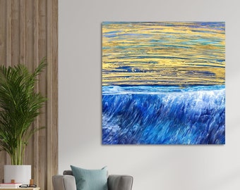 WAVE LIGHT | 24 X 24 Inch Square Seascape Resin Painting by Tiffani Buteau with Metallic Gold Abstracts