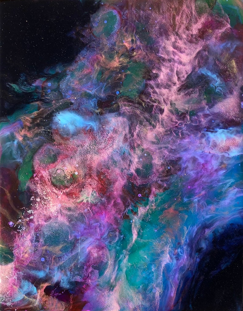 Rosette Nebula Resin Art: Blooming Darkness 11x14 Resin Nebula Painting with Depth & Mystery image 1