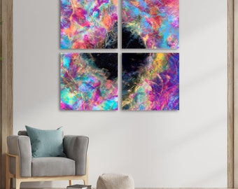 Luminquill Nebula - Semi-Abstract Resin Quadtych Art, Glow-in-the-Dark Cosmic Painting, Contemporary Space Decor, 4- 12x12 Panels