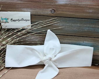 Womens Headbands that Tie-  White Hair Scarf- Top Knot Tie Headband- Dolly Bow- Solid White Head Scarf-Self Tie Headband-Adjustable Hair Tie
