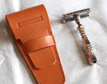 Luxury Universal Leather Pouch for a Safety Razor - DARWIN - Camel Brown
