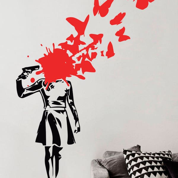 Banksy Style Graffiti XXL Wall Decal Girl Gun Butterflies Stencil Red Black