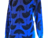 Vintage Retro Angora Blend Tunic Sweater Mini Dress Top, Cobalt Blue, Sparkling Beads, Tags, S