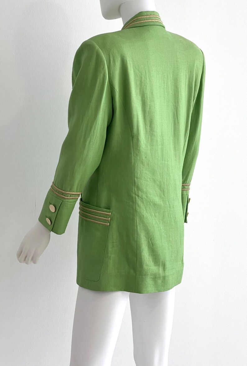 Vintage C1980s Lillie Rubin Exclusive 100% Linen, Lime Green Blazer Jacket With Gold Braiding Trim, 4 image 6